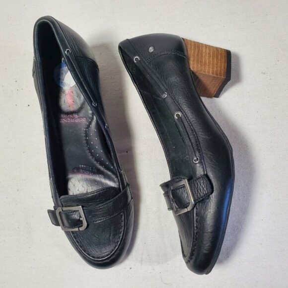 Rockport Adiprene Buckled Black Leather Loafer Block Heel Size Us 6.5 - Picture 1 of 15